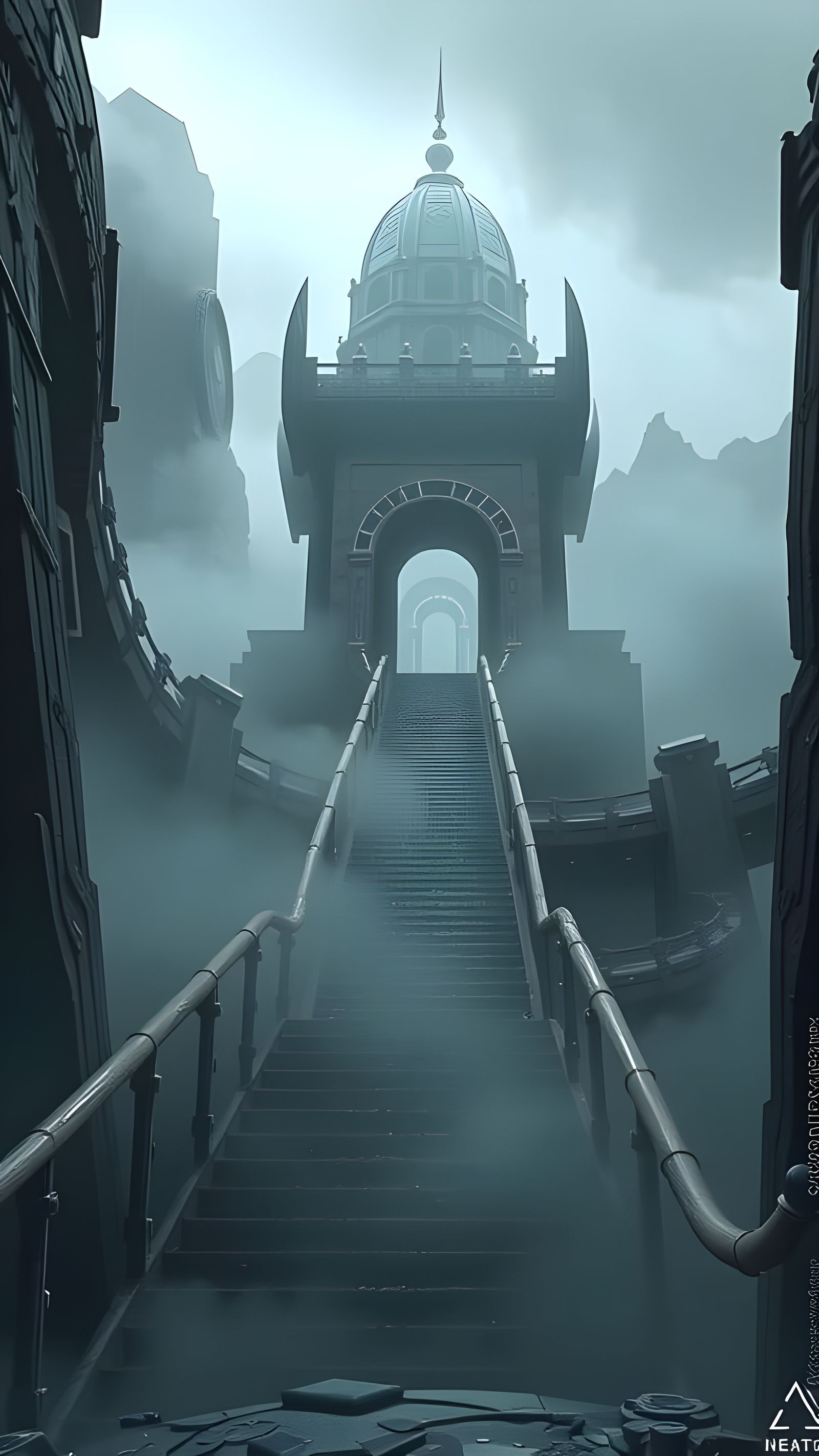Epic Embossed Stairway in Atmospheric Digital Painting