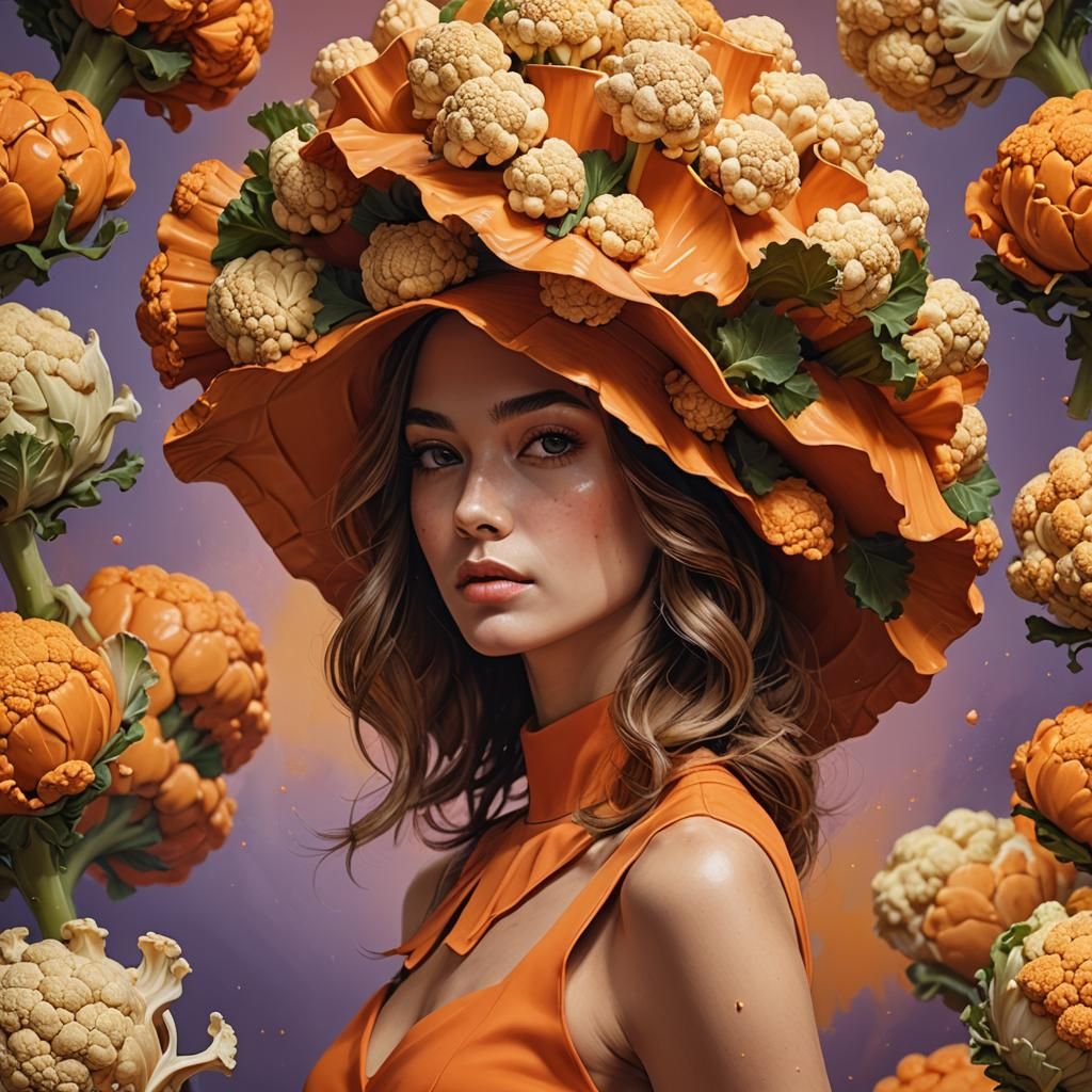 Fashion Model with Cauliflower Hat: Hyperrealistic Splash Ar...