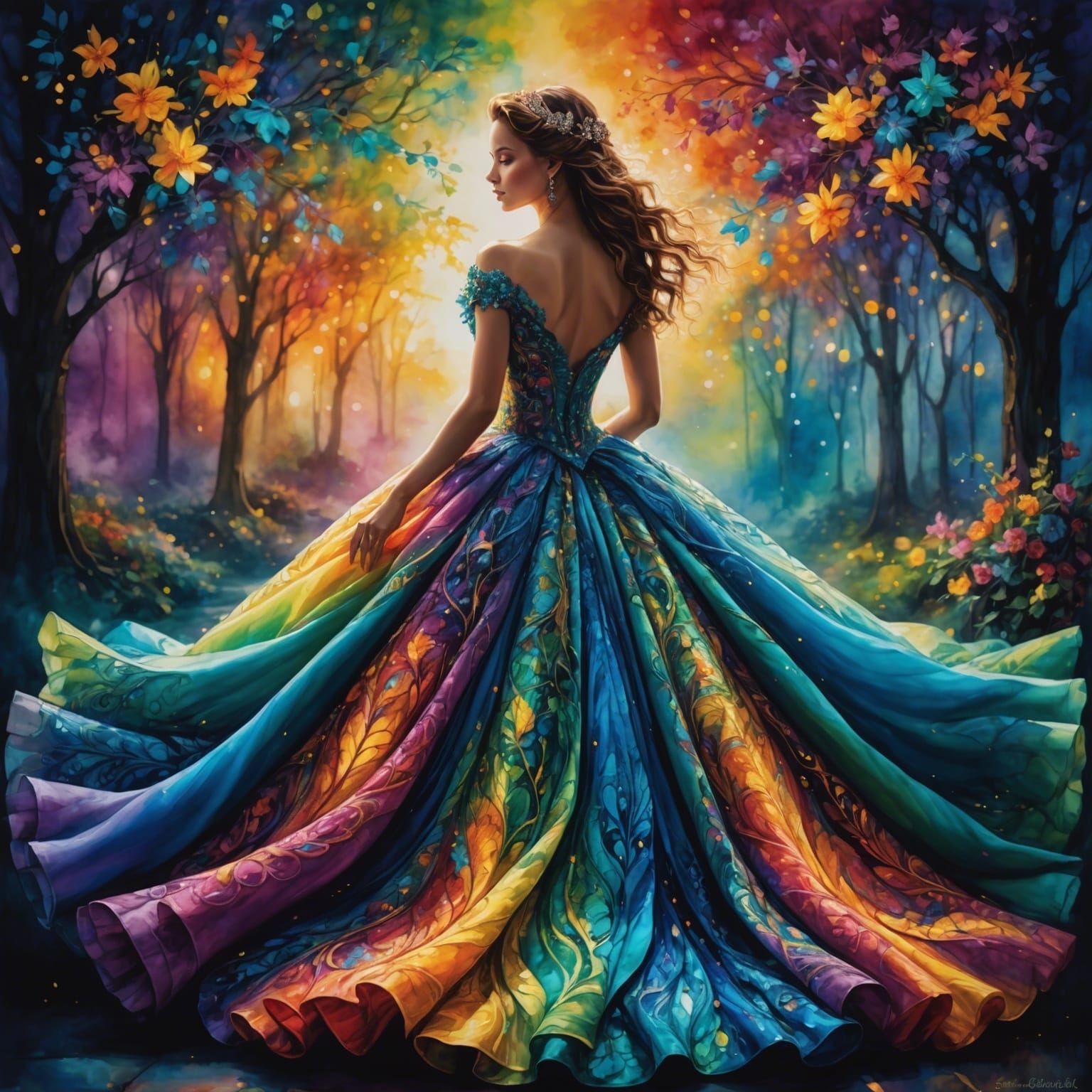 Magical Ballgown in Triadic Colors, Alcohol Ink Art