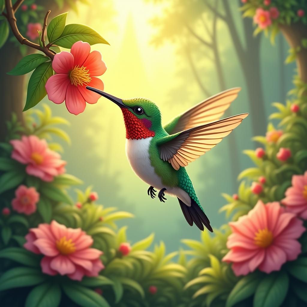 Hummingbird Feeds in Dreamy Enchanted Forest, Cartoon Style