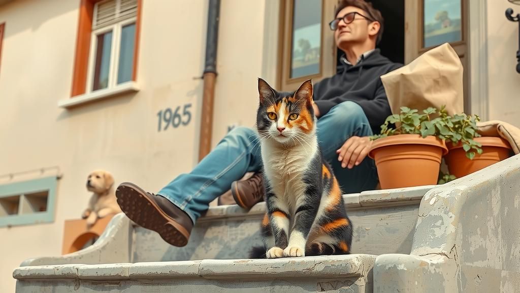 Cozy Calico Cat and Man in Warm Sunlight