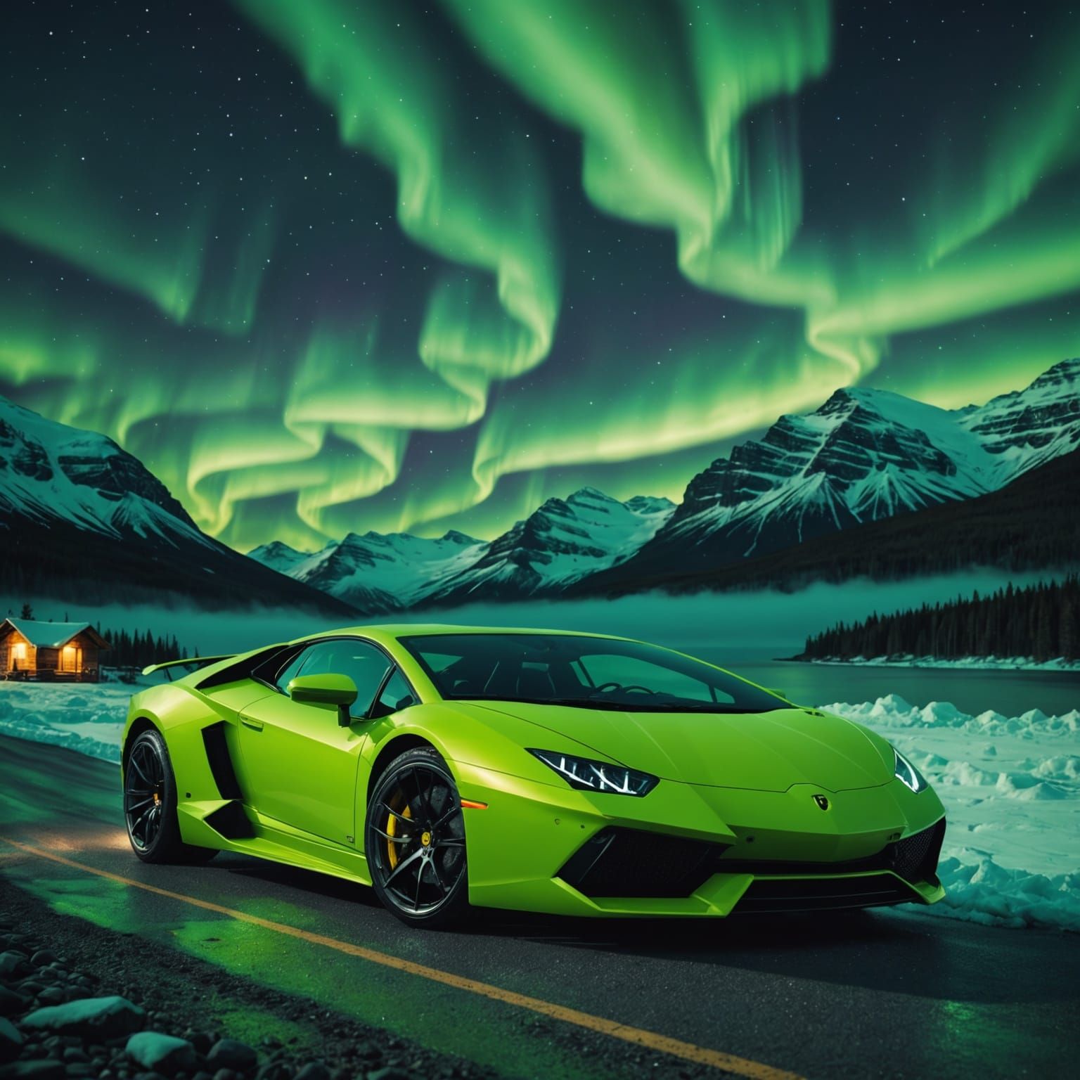 Lemon Green Lamborghini Under Northern Lights