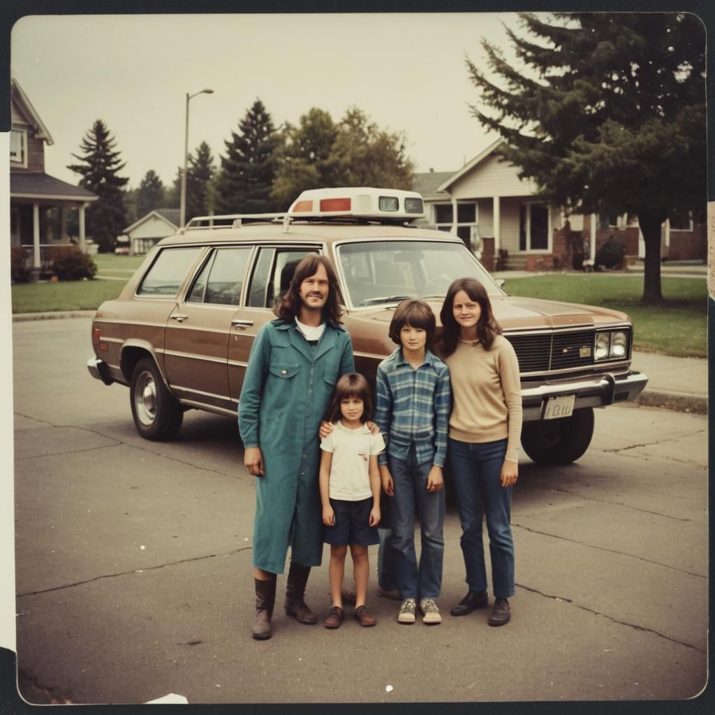 1970s Family Photo with Station Wagon in Polaroid Style