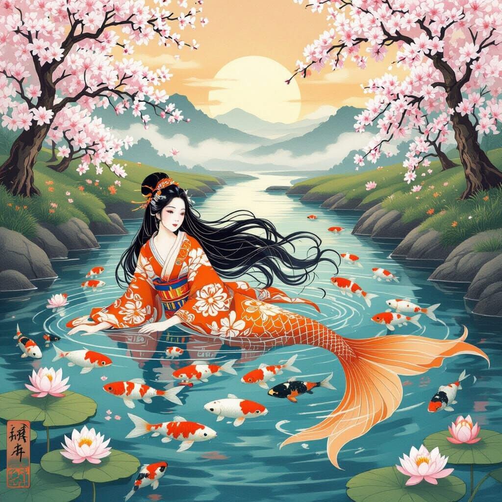 Mermaid and Carp in Ukiyo-e Sunrise