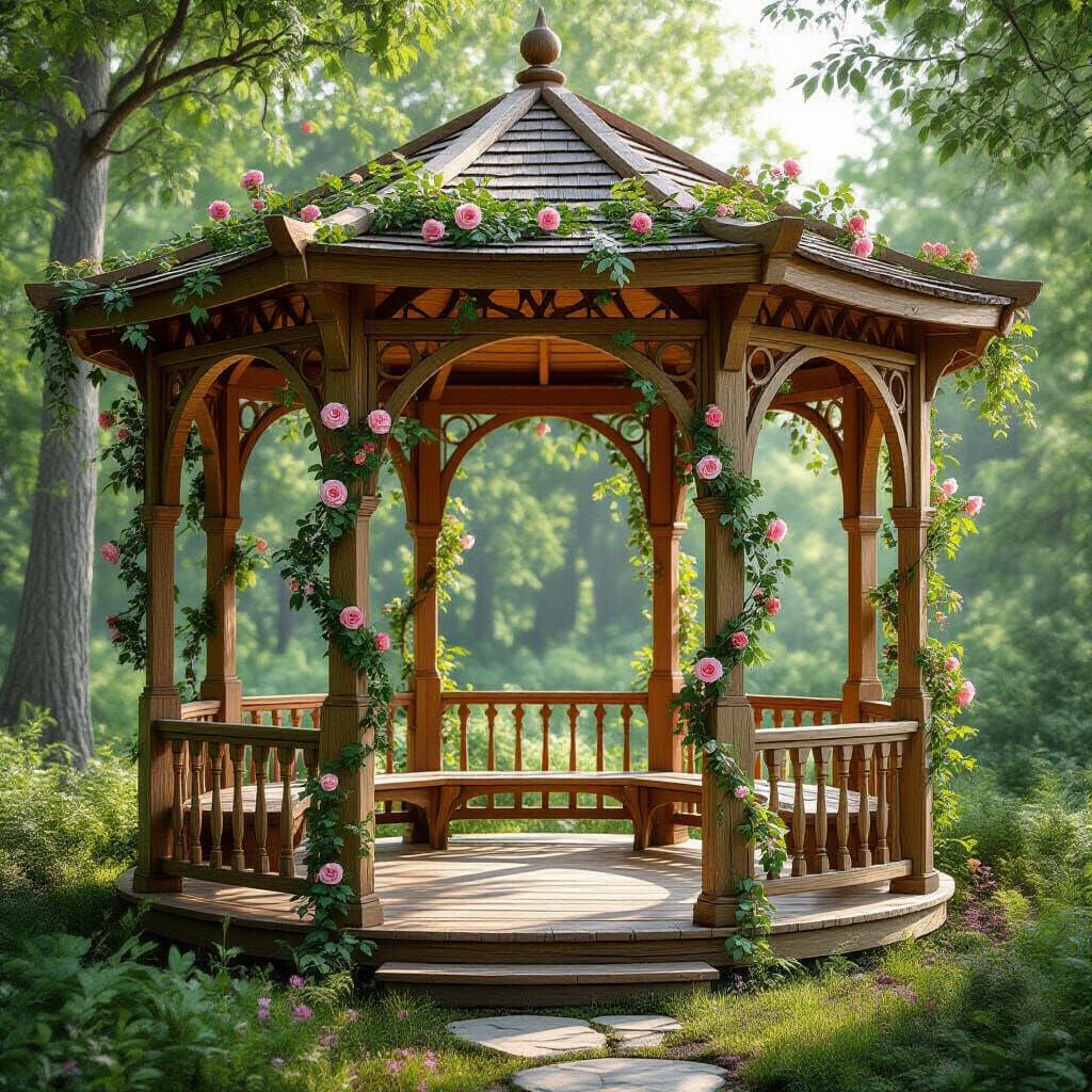 Elven Gazebo with Climbing Roses in Forest Clearing