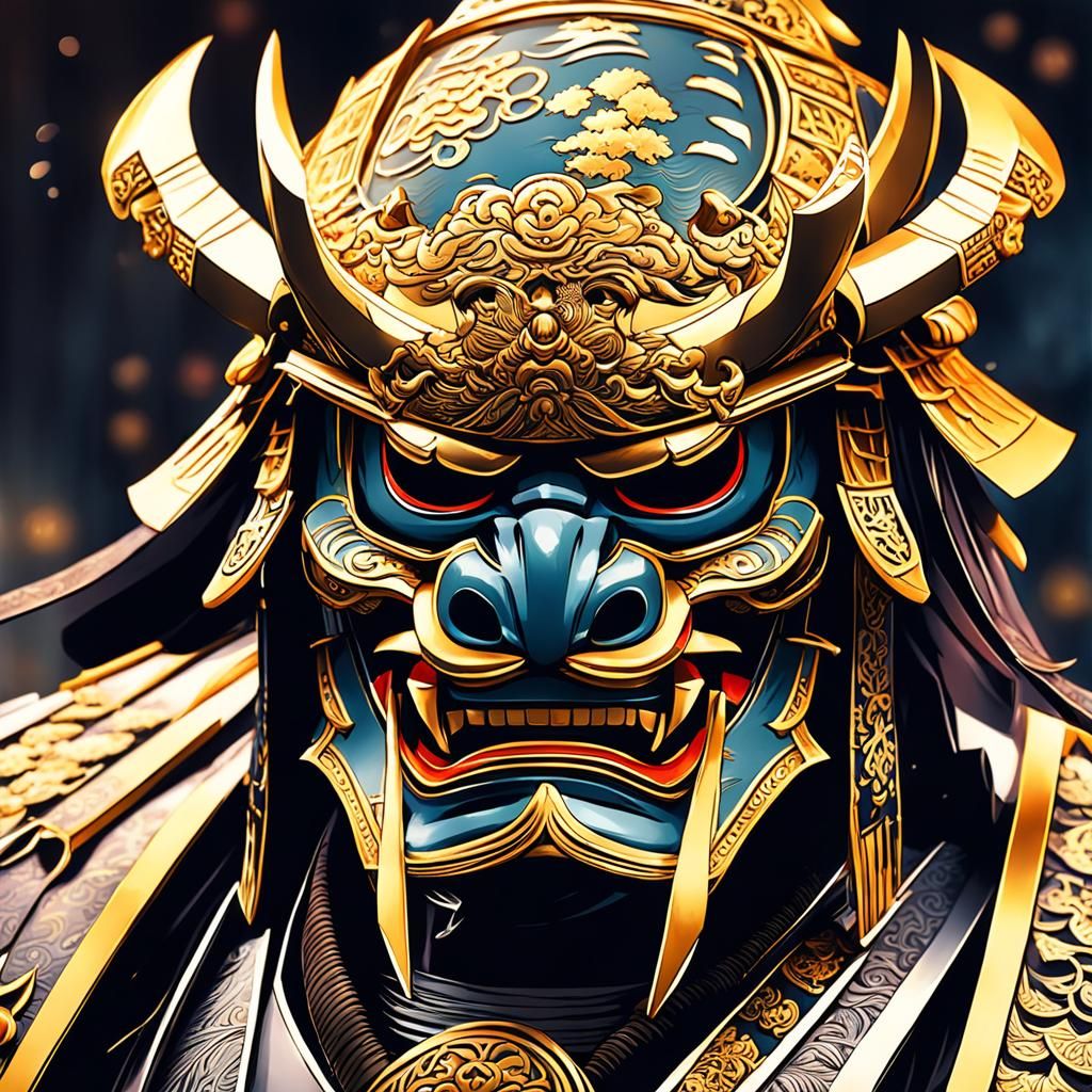 Intricate Samurai Kabuto with Oni Mask in Anime Style