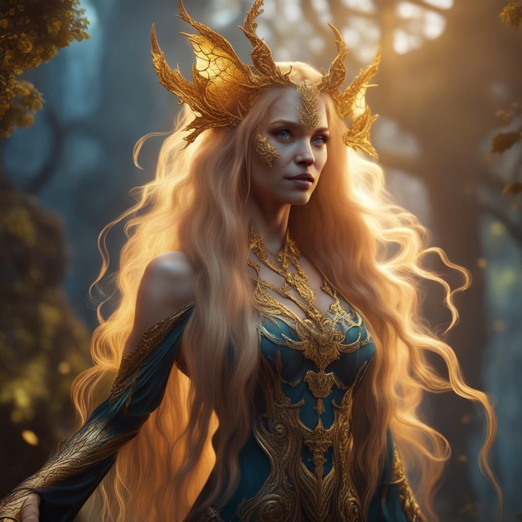 Fae Goddess Changeling with Golden Hair in Digital Painting