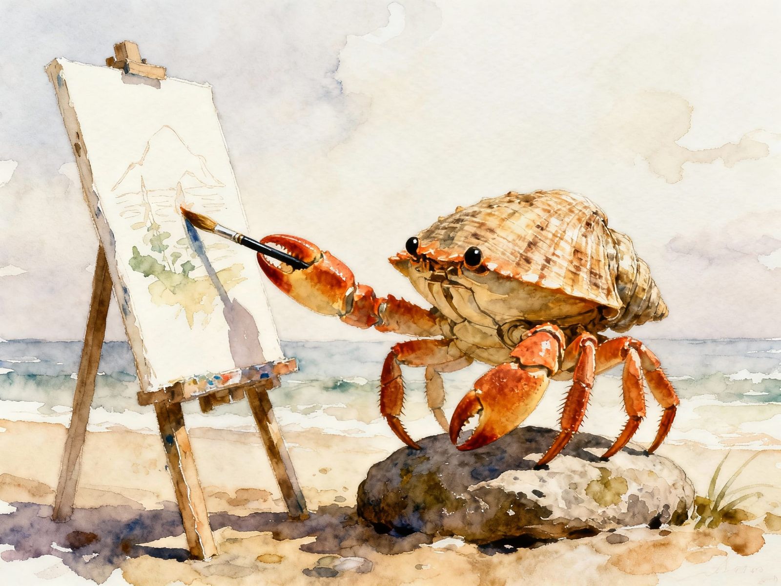 Crab Artist Painting a Masterpiece in Watercolor Style