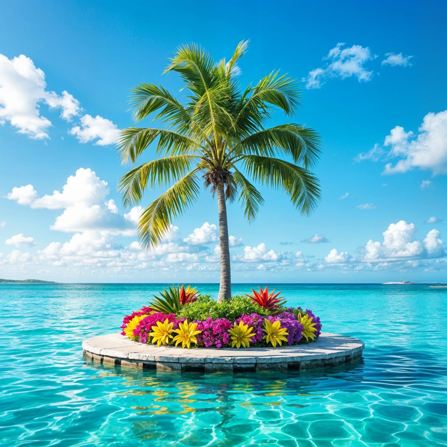 Palm Tree on Decorated Flower Island in Ocean