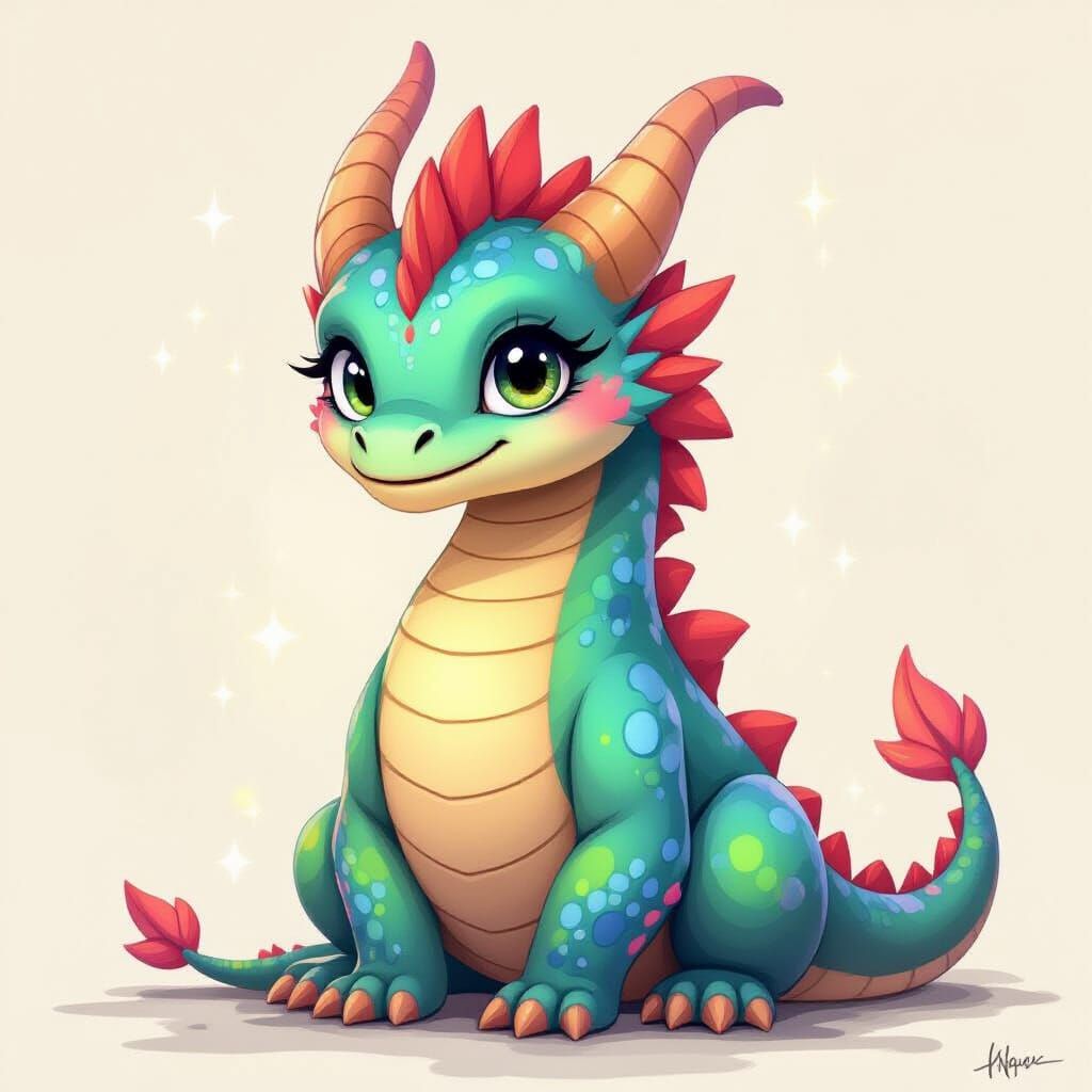 Friendly Blue, Green, and Pink Dragon with Whimsical Art Sty...