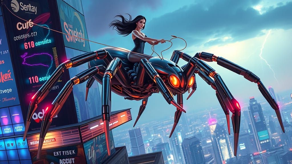 Cyberpunk Spider Ascends Retro-Futuristic Skyscraper