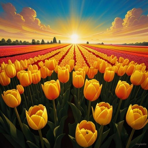 Baroque Tulip Field in Golden Hour Light