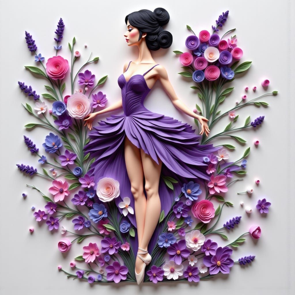 Ballerina Woman in Quilling Art with Peonies