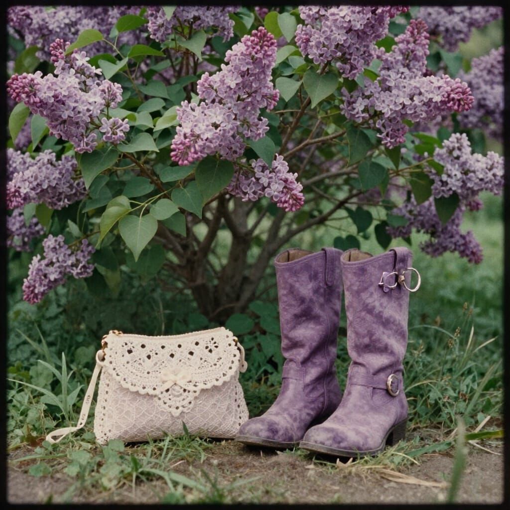 Lilac Lace Purse and Boots in Garden