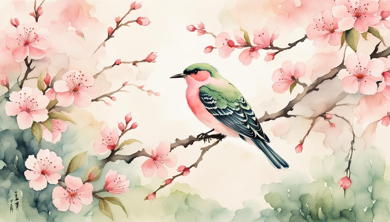 Pink Bird in Japanese Watercolor Garden