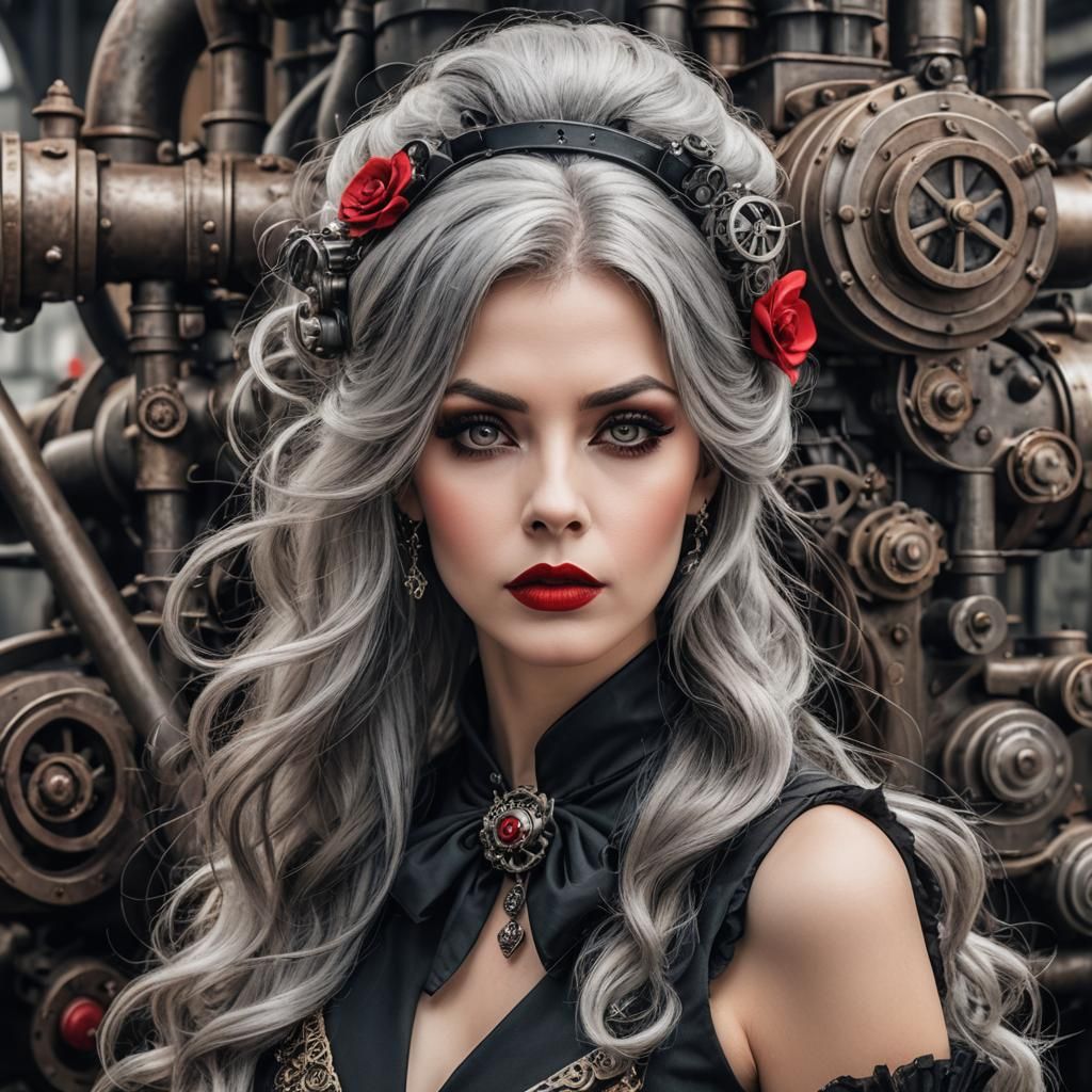 Steampunk Woman with Smoky Eyes and Red Lipstick