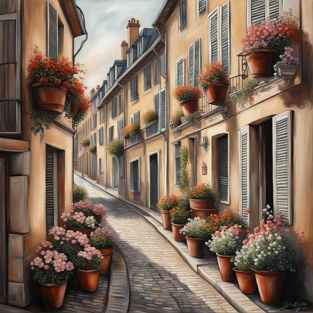 French Street Painting with Flower Pots in Hyperrealistic St...