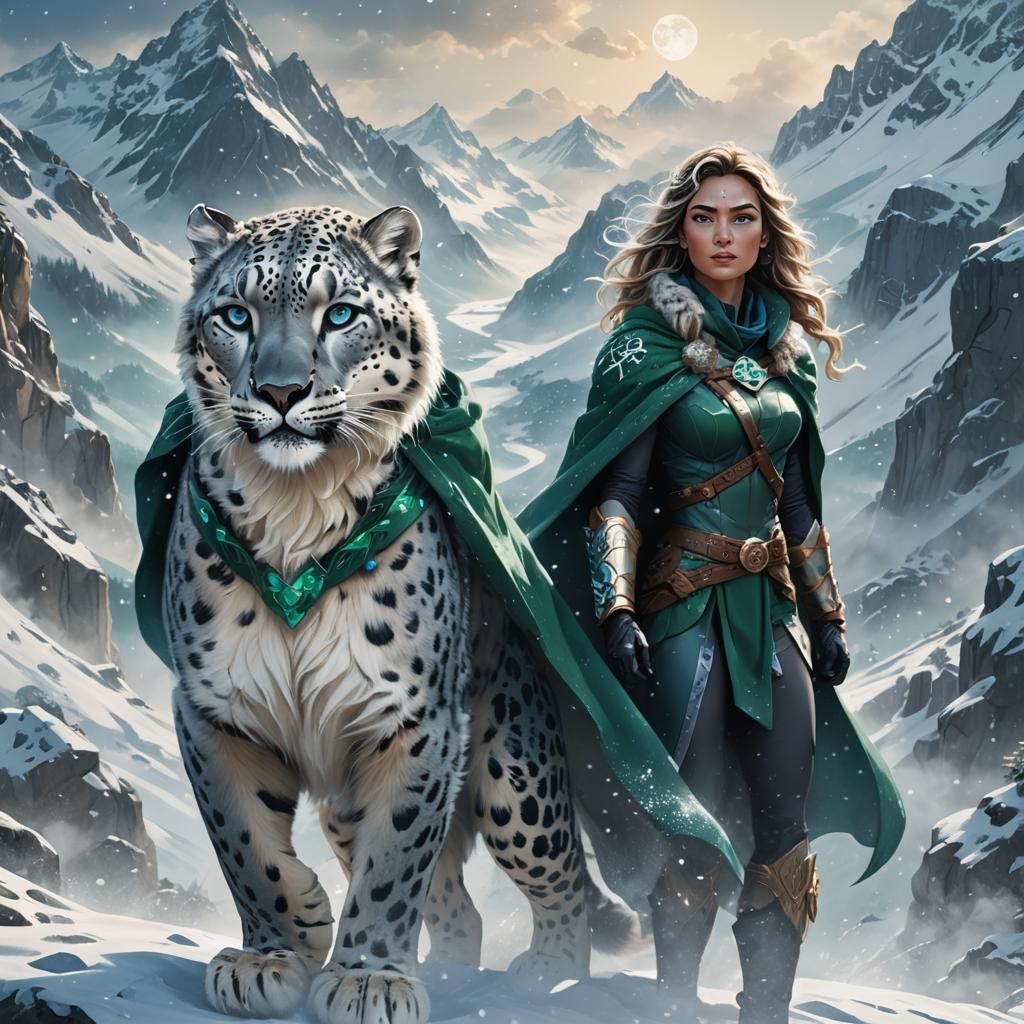 Snow Leopard Superheroine in Snowy Landscape