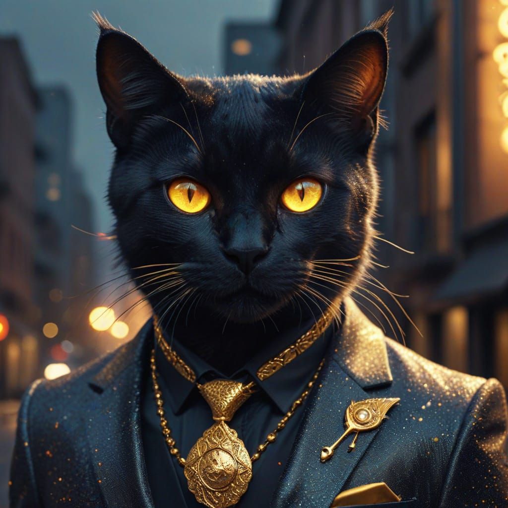 Cosmic Cat in Suit with Golden Jewelry