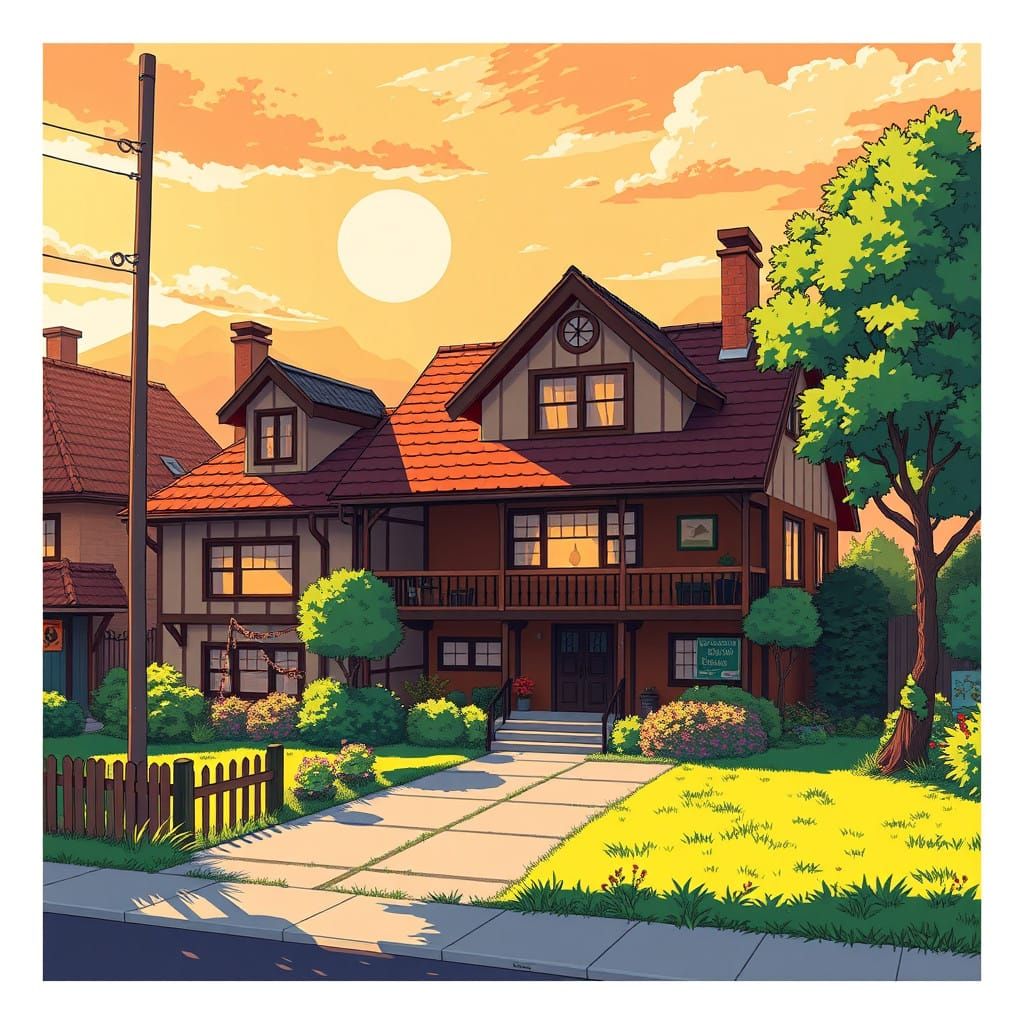 Surreal Suburban Oasis in Vibrant Studio Ghibli Style