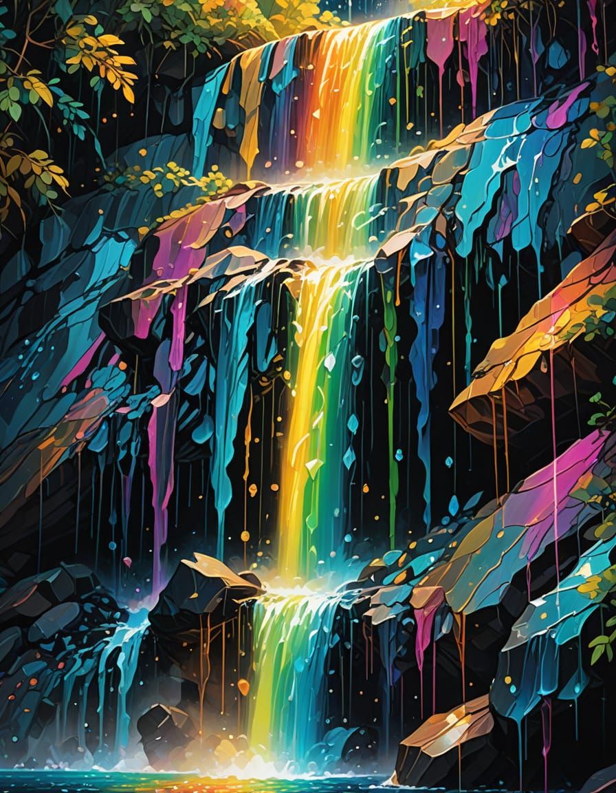 Bioluminescent Waterfall with Rainbow Prism in Oil Painting ...