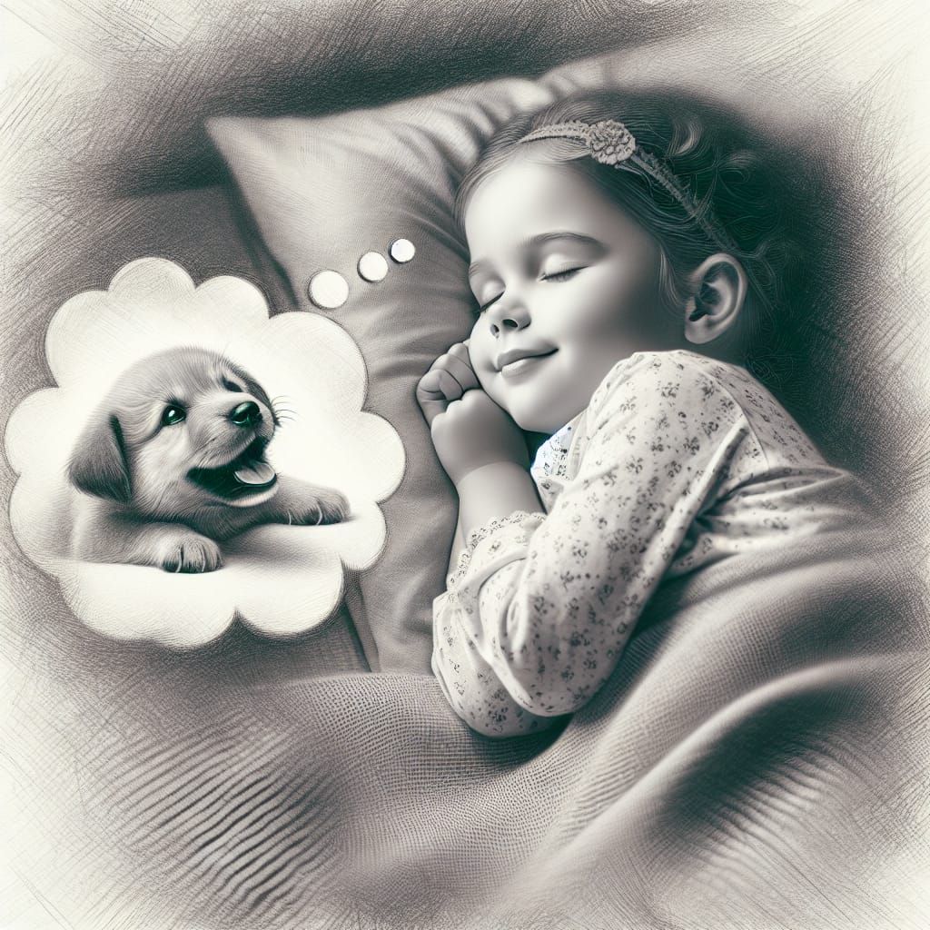Dreaming Girl and Puppy in Pencil Sketch Style