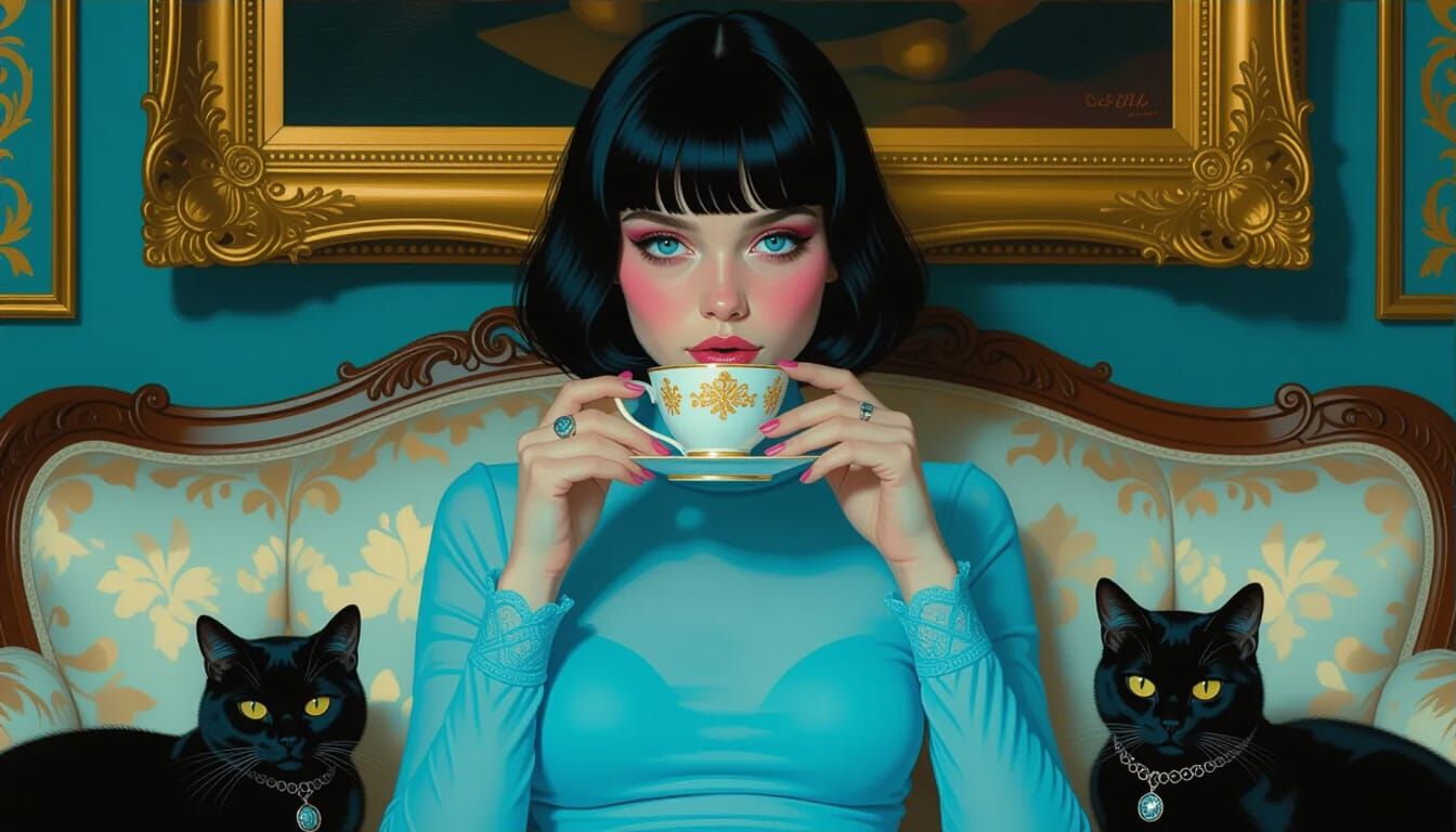 Dark Academia Woman with Black Cat in Ornate Setting