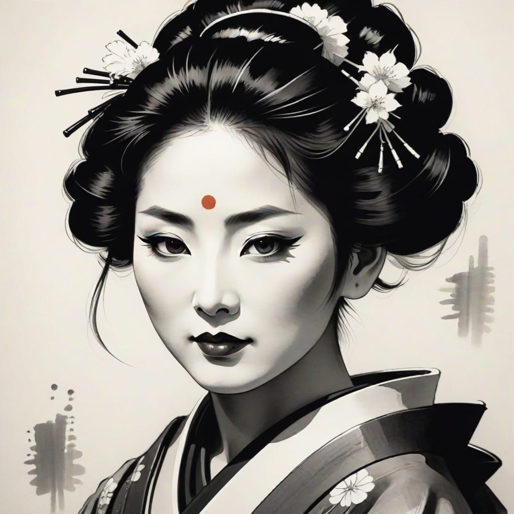 Edo Period Geisha in Traditional Sumi-e