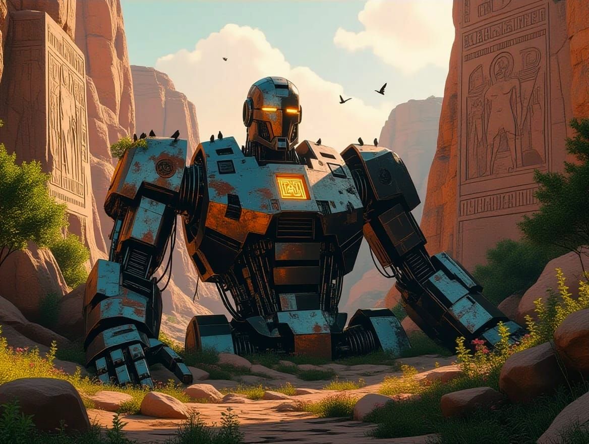 Robot Relic Reclaimed by Nature in Grand Fantasy Style