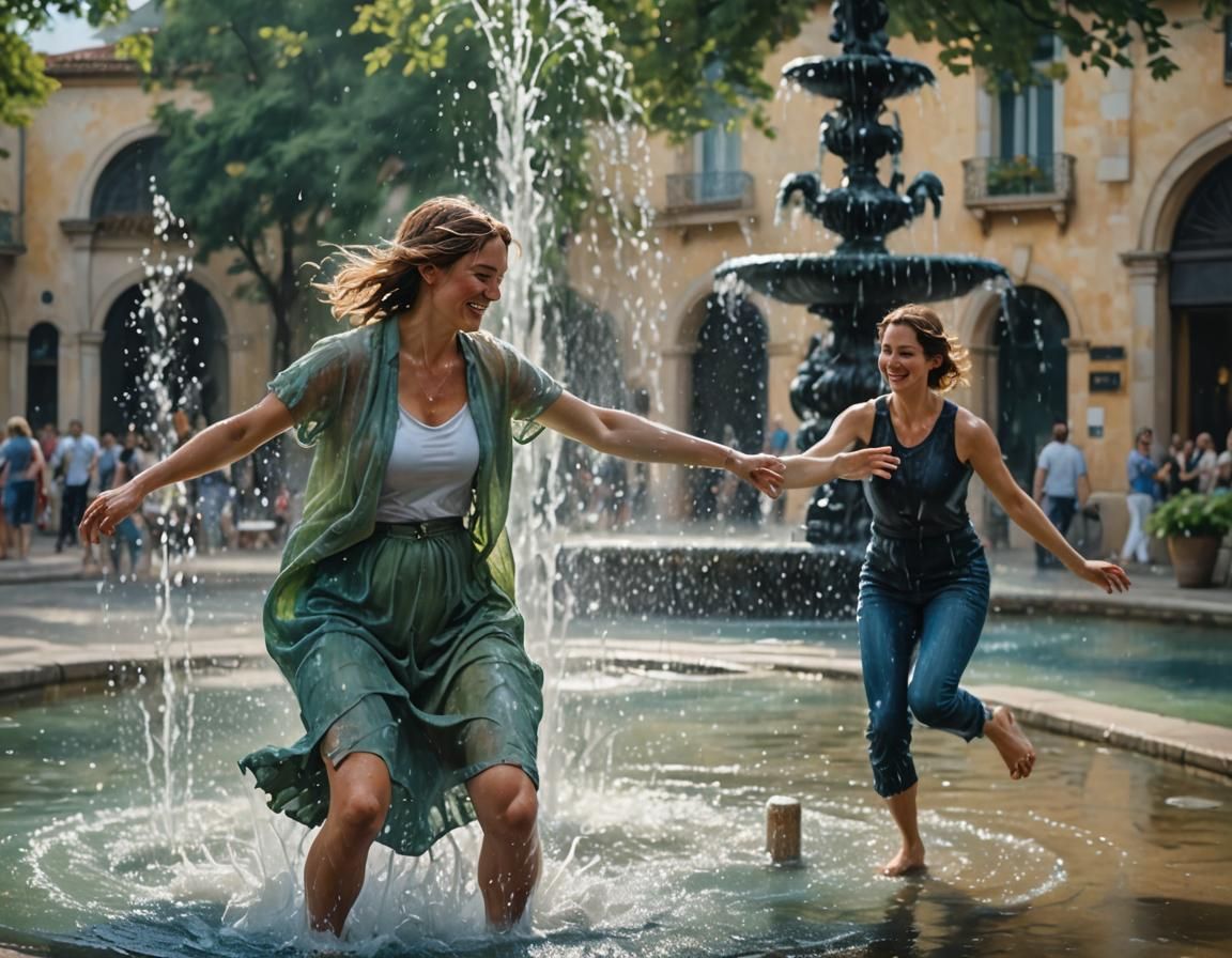 Impressionist Couple Play in Fountain, 8K Painting
