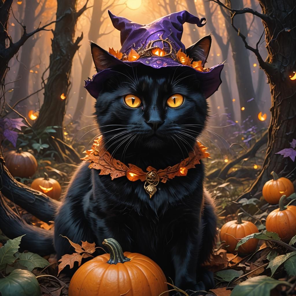 Black Cat in Pumpkin Hat, Mystical Forest Art