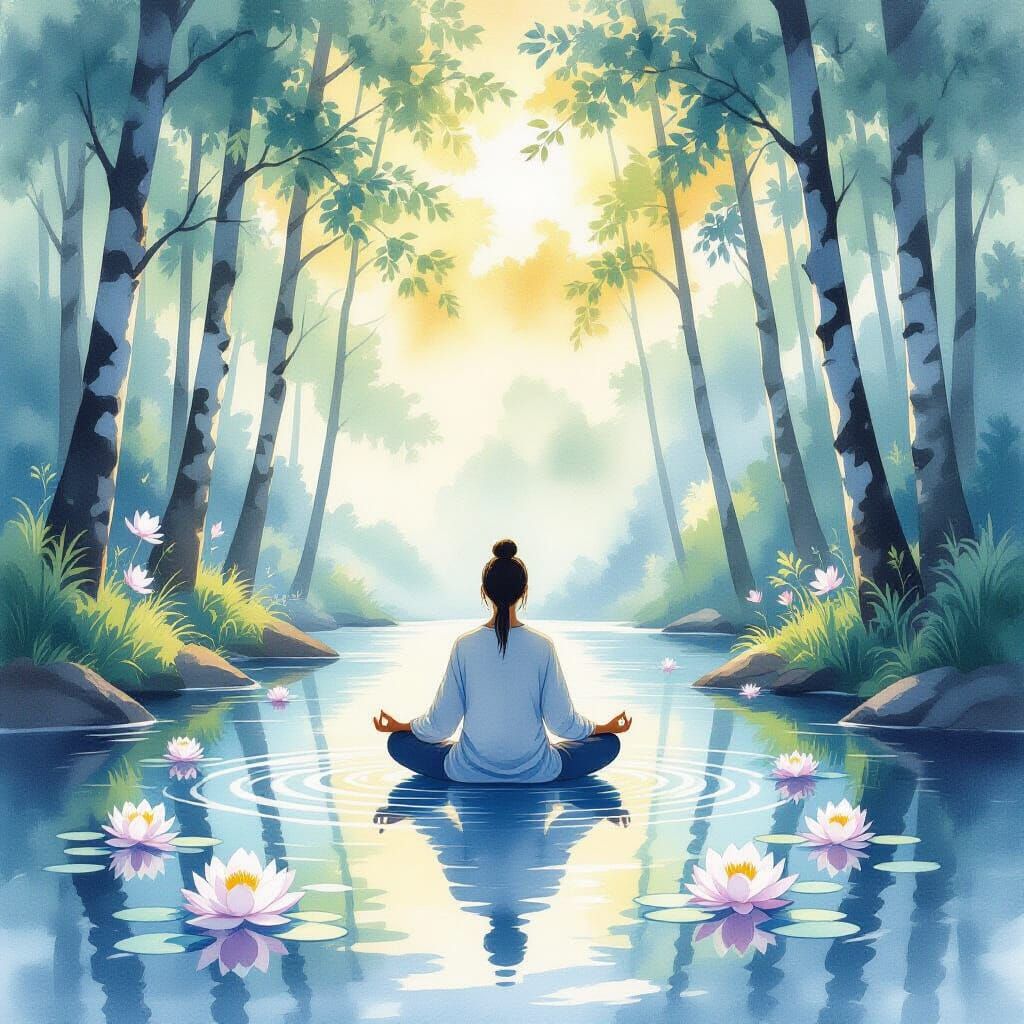 Serene Watercolor Meditation in Tranquil Forest