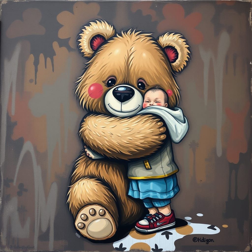 Cuddly Bear Street Art Hugging Happy Child