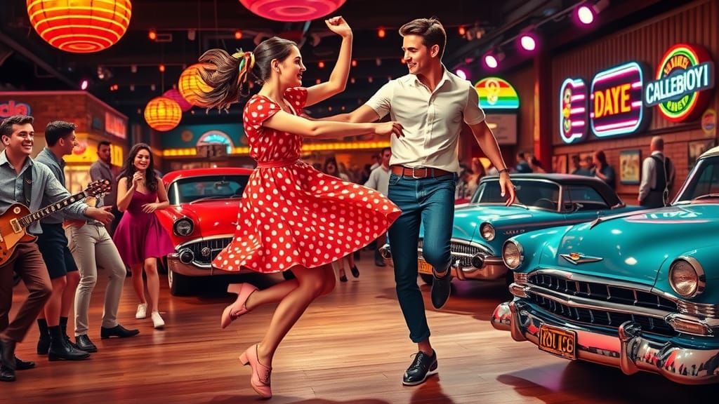 Rock and Roll Dancefloor Scene in Pop Surrealism Style