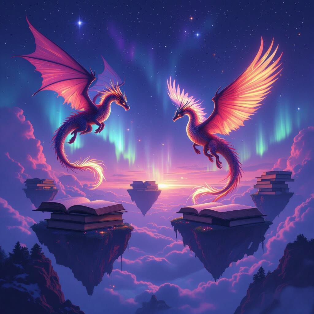 Dragons and Phoenixes Soaring Between Book Islands