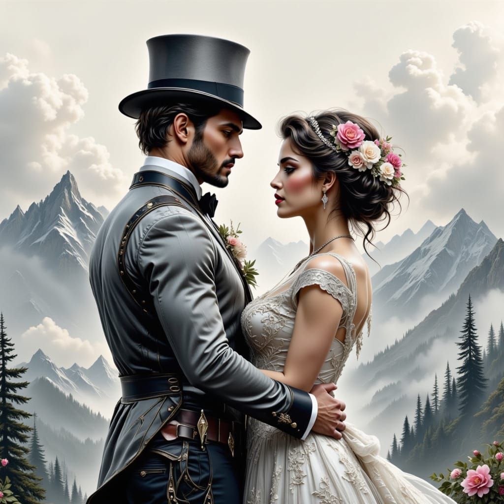 Steampunk Couple Embrace in Watercolor Collage