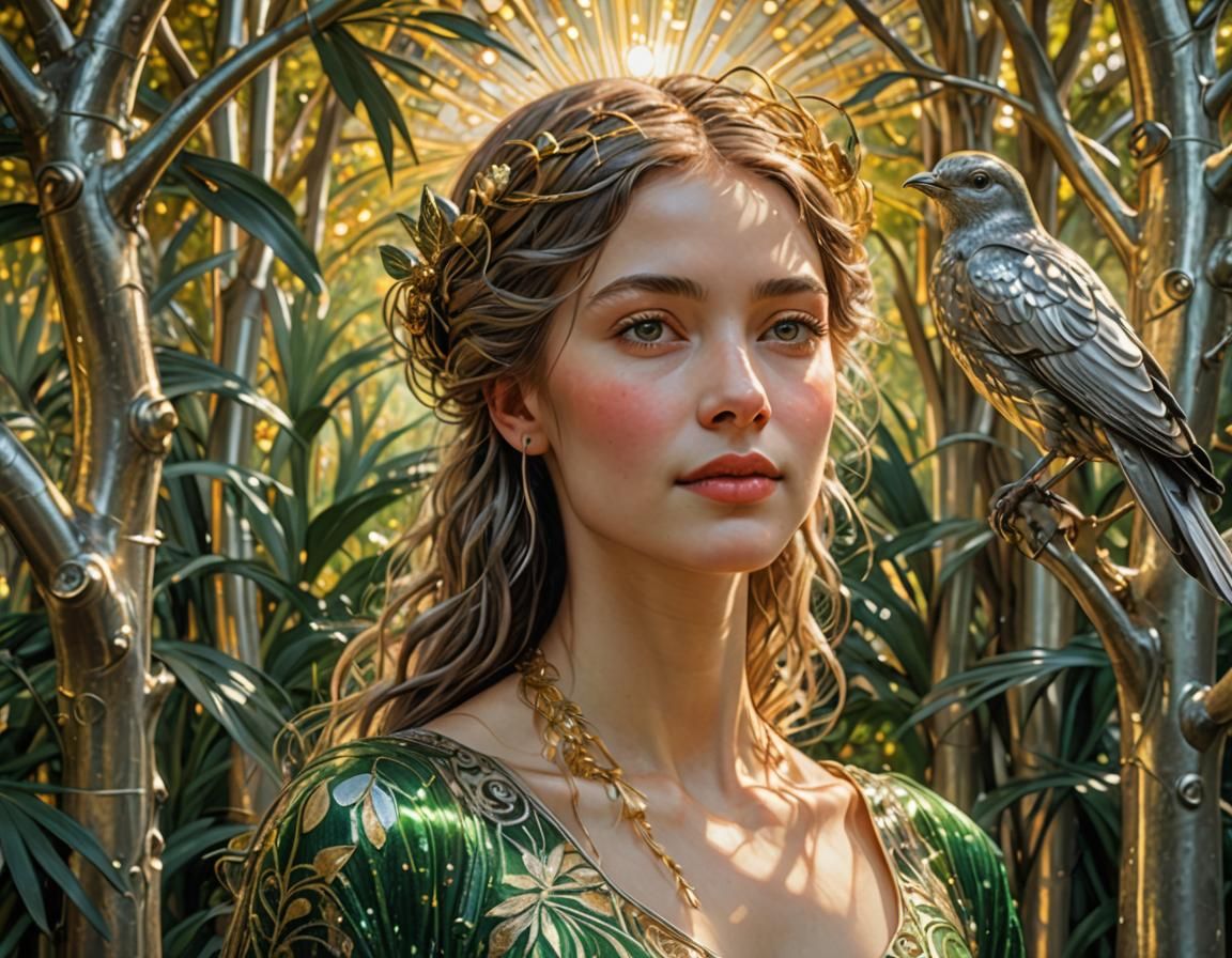 Woman with Bird, Art Nouveau Style