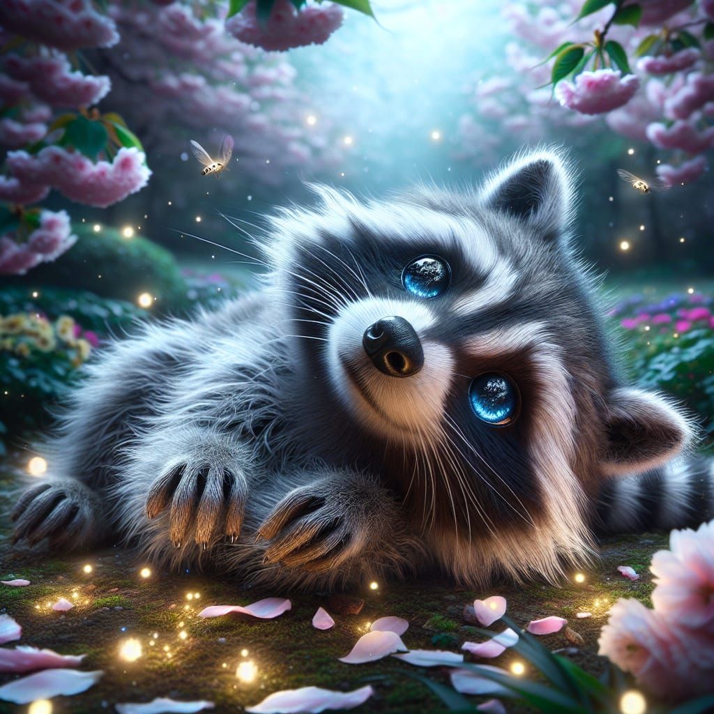 Hyperrealistic Raccoon in Flower Garden at Night