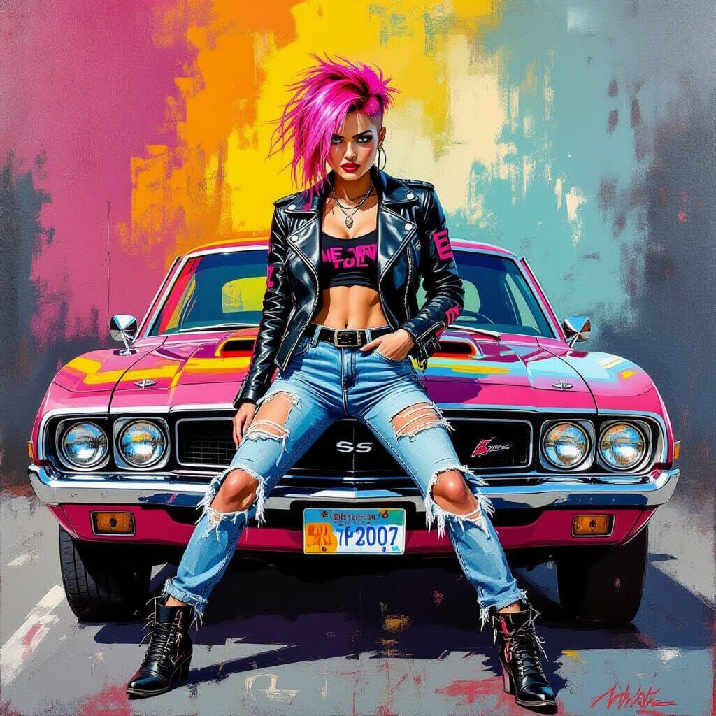 Punk Woman and Vintage Muscle Car in Abstract Style