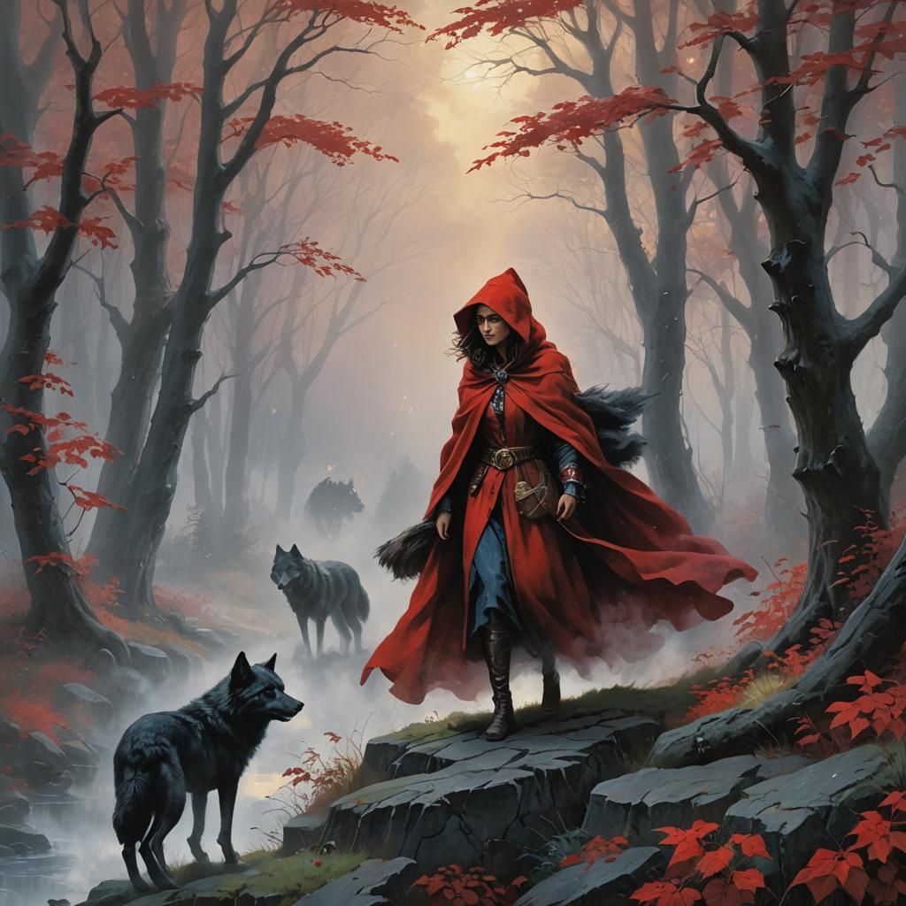 Woman in Red Cloak Hiding From Wolf