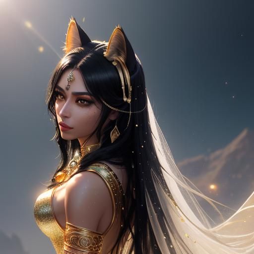 Egyptian Cat Goddess in Ethereal Desert Landscape