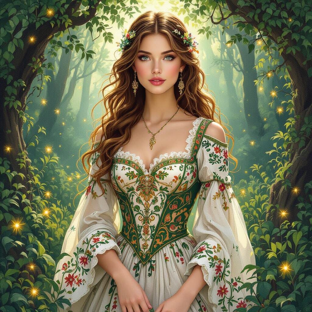 Celtic Maiden in Botticelli-Inspired Fairy Forest