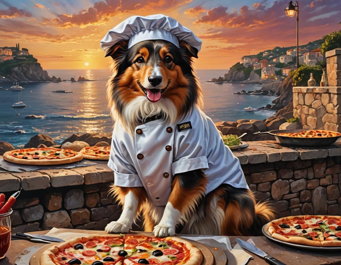 Sheltie Dog Chef Cooking Pizza at Sunset