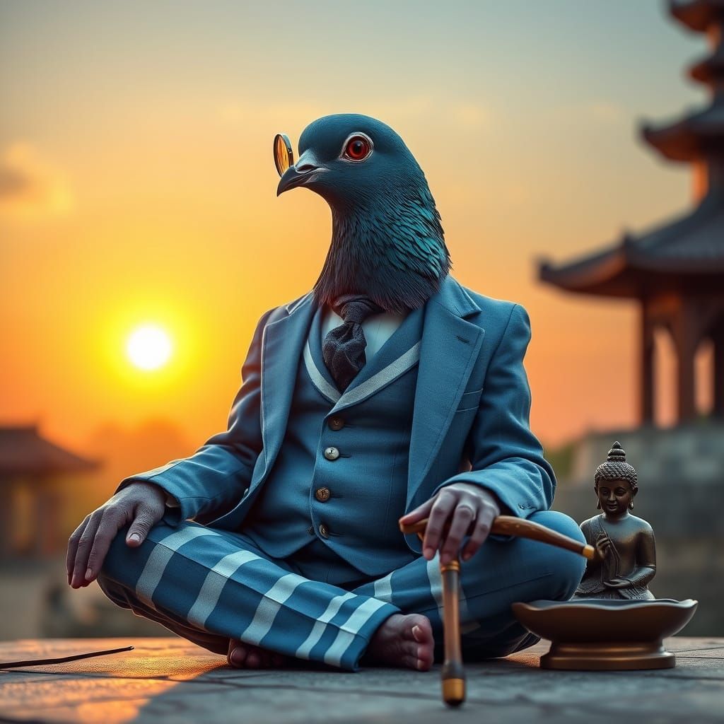 Elegant Elderly Pigeon in Lotus Posture with Cane and Monocl...