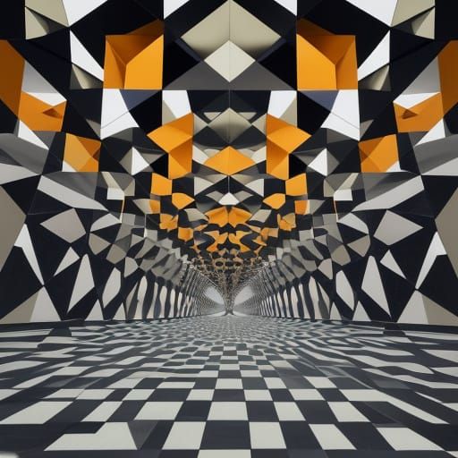 Surreal Landscape with Checkerboard Labyrinth and Origami Cr...