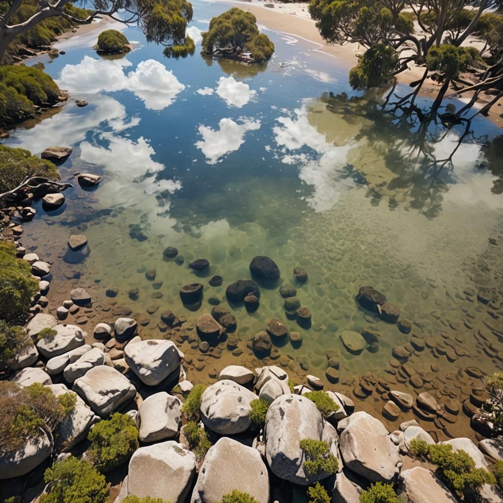 Ethereal Beach Scene with Rock Pools and Eucalypti