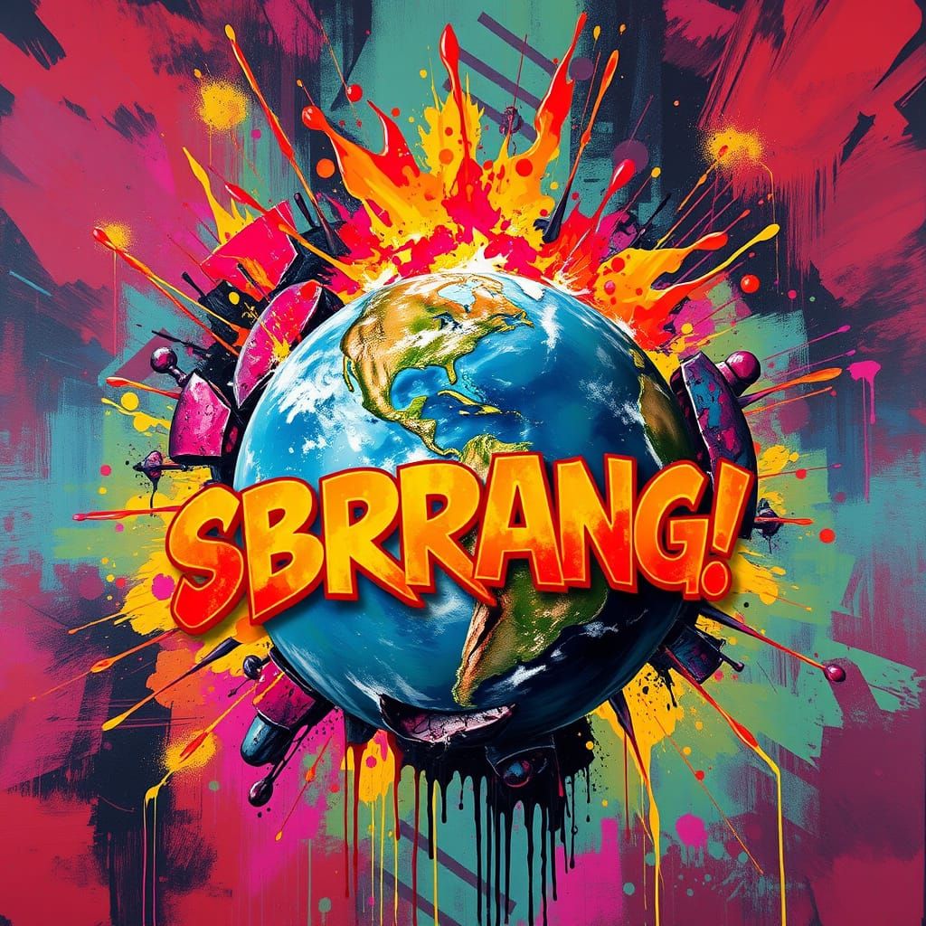 Exploding Earth Emitting Vibrant Energy in Graffiti Art Styl...