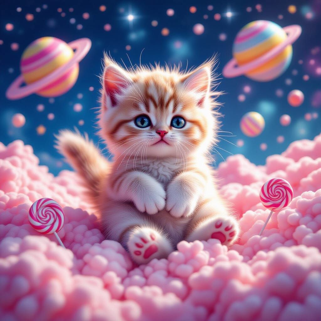 Cotton Candy Kitten Floating Among Candy Planets