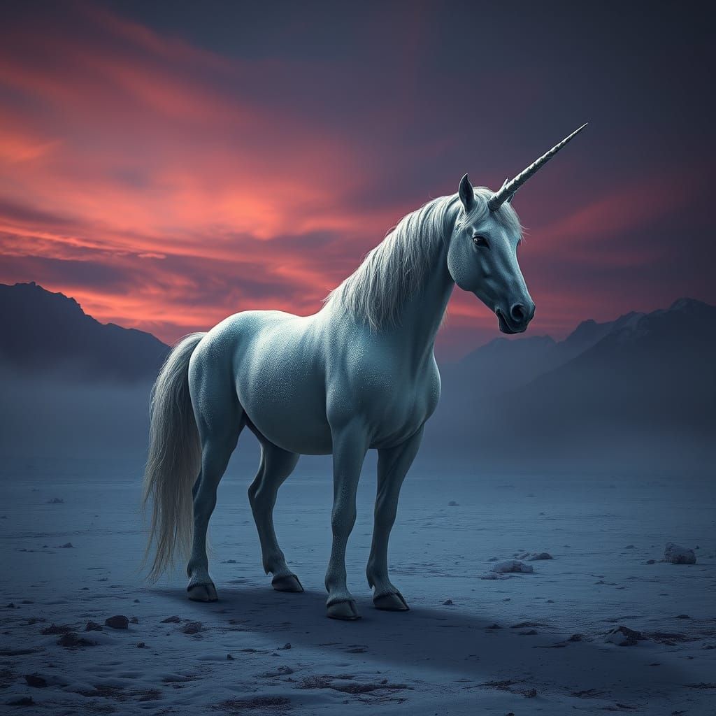 Majestic Frost Unicorn in Moody Twilight Landscape