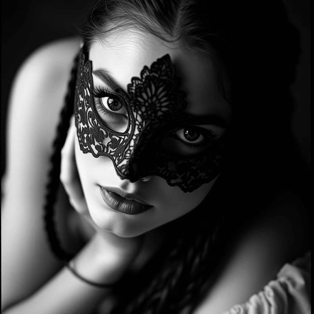Intense Gaze Behind Venetian Lace: Black and White Fashion